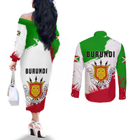 Burundi Flag Couples Matching Off The Shoulder Long Sleeve Dress and Long Sleeve Button Shirt with National Emblem and Motto Unité Travail Progres