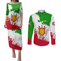 Burundi Flag Couples Matching Puletasi and Long Sleeve Button Shirt with National Emblem and Motto Unité Travail Progres