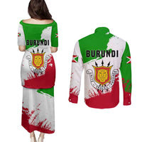 Burundi Flag Couples Matching Puletasi and Long Sleeve Button Shirt with National Emblem and Motto Unité Travail Progres