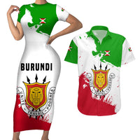 Burundi Flag Couples Matching Short Sleeve Bodycon Dress and Hawaiian Shirt with National Emblem and Motto Unité Travail Progres