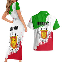 Burundi Flag Couples Matching Short Sleeve Bodycon Dress and Hawaiian Shirt with National Emblem and Motto Unité Travail Progres