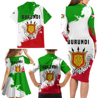 Burundi Flag Family Matching Long Sleeve Bodycon Dress and Hawaiian Shirt with National Emblem and Motto Unité Travail Progres