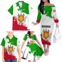 Burundi Flag Family Matching Off The Shoulder Long Sleeve Dress and Hawaiian Shirt with National Emblem and Motto Unité Travail Progres