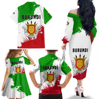 Burundi Flag Family Matching Off The Shoulder Long Sleeve Dress and Hawaiian Shirt with National Emblem and Motto Unité Travail Progres
