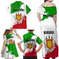 Burundi Flag Family Matching Off Shoulder Maxi Dress and Hawaiian Shirt with National Emblem and Motto Unité Travail Progres