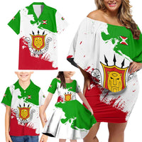 Burundi Flag Family Matching Off Shoulder Short Dress and Hawaiian Shirt with National Emblem and Motto Unité Travail Progres