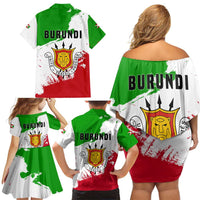 Burundi Flag Family Matching Off Shoulder Short Dress and Hawaiian Shirt with National Emblem and Motto Unité Travail Progres