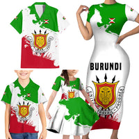 Burundi Flag Family Matching Short Sleeve Bodycon Dress and Hawaiian Shirt with National Emblem and Motto Unité Travail Progres