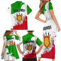 Burundi Flag Family Matching Short Sleeve Bodycon Dress and Hawaiian Shirt with National Emblem and Motto Unité Travail Progres