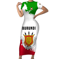 Burundi Flag Family Matching Short Sleeve Bodycon Dress and Hawaiian Shirt with National Emblem and Motto Unité Travail Progres