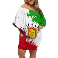 Burundi Flag Off Shoulder Short Dress with National Emblem and Motto Unité Travail Progres