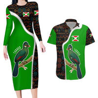 Burundi Turaco Couples Matching Long Sleeve Bodycon Dress and Hawaiian Shirt with National Bird and Flag Pattern