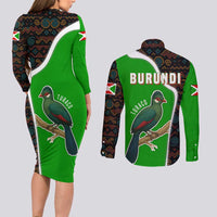 Burundi Turaco Couples Matching Long Sleeve Bodycon Dress and Long Sleeve Button Shirt with National Bird and Flag Pattern