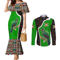 Burundi Turaco Couples Matching Mermaid Dress and Long Sleeve Button Shirt with National Bird and Flag Pattern