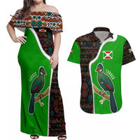 Burundi Turaco Couples Matching Off Shoulder Maxi Dress and Hawaiian Shirt with National Bird and Flag Pattern