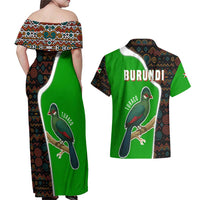 Burundi Turaco Couples Matching Off Shoulder Maxi Dress and Hawaiian Shirt with National Bird and Flag Pattern