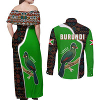 Burundi Turaco Couples Matching Off Shoulder Maxi Dress and Long Sleeve Button Shirt with National Bird and Flag Pattern