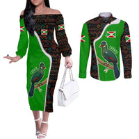 Burundi Turaco Couples Matching Off The Shoulder Long Sleeve Dress and Long Sleeve Button Shirt with National Bird and Flag Pattern