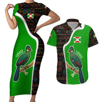 Burundi Turaco Couples Matching Short Sleeve Bodycon Dress and Hawaiian Shirt with National Bird and Flag Pattern