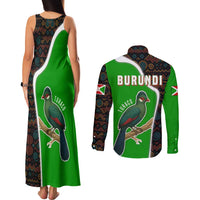 Burundi Turaco Couples Matching Tank Maxi Dress and Long Sleeve Button Shirt with National Bird and Flag Pattern