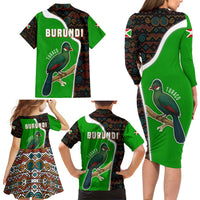 Burundi Turaco Family Matching Long Sleeve Bodycon Dress and Hawaiian Shirt with National Bird and Flag Pattern