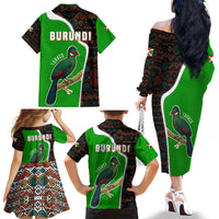 Burundi Turaco Family Matching Off The Shoulder Long Sleeve Dress and Hawaiian Shirt with National Bird and Flag Pattern