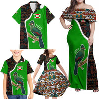 Burundi Turaco Family Matching Off Shoulder Maxi Dress and Hawaiian Shirt with National Bird and Flag Pattern