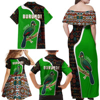 Burundi Turaco Family Matching Off Shoulder Maxi Dress and Hawaiian Shirt with National Bird and Flag Pattern