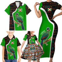 Burundi Turaco Family Matching Short Sleeve Bodycon Dress and Hawaiian Shirt with National Bird and Flag Pattern