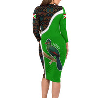 Burundi Turaco Long Sleeve Bodycon Dress with National Bird and Flag Pattern