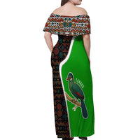 Burundi Turaco Off Shoulder Maxi Dress with National Bird and Flag Pattern