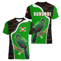 Burundi Turaco Women V-Neck T-Shirt with National Bird and Flag Pattern
