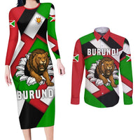Burundi - Roaring Lion Couples Matching Long Sleeve Bodycon Dress and Long Sleeve Button Shirt with National Flag Colors