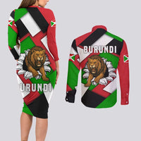 Burundi - Roaring Lion Couples Matching Long Sleeve Bodycon Dress and Long Sleeve Button Shirt with National Flag Colors