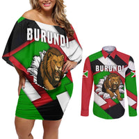 Burundi - Roaring Lion Couples Matching Off Shoulder Short Dress and Long Sleeve Button Shirt with National Flag Colors