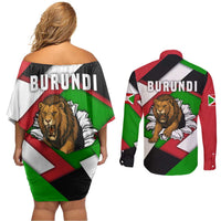 Burundi - Roaring Lion Couples Matching Off Shoulder Short Dress and Long Sleeve Button Shirt with National Flag Colors