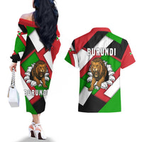 Burundi - Roaring Lion Couples Matching Off The Shoulder Long Sleeve Dress and Hawaiian Shirt with National Flag Colors