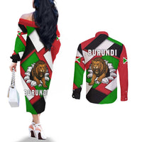 Burundi - Roaring Lion Couples Matching Off The Shoulder Long Sleeve Dress and Long Sleeve Button Shirt with National Flag Colors