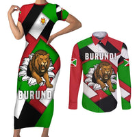 Burundi - Roaring Lion Couples Matching Short Sleeve Bodycon Dress and Long Sleeve Button Shirt with National Flag Colors