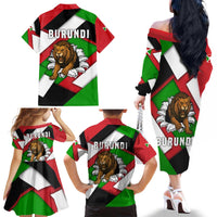 Burundi - Roaring Lion Family Matching Off The Shoulder Long Sleeve Dress and Hawaiian Shirt with National Flag Colors