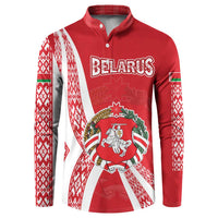 Belarus Button Sweatshirt with National Emblem and Traditional Pattern Red