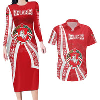 Belarus Couples Matching Long Sleeve Bodycon Dress and Hawaiian Shirt with National Emblem and Traditional Pattern Red