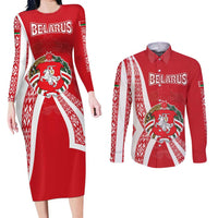 Belarus Couples Matching Long Sleeve Bodycon Dress and Long Sleeve Button Shirt with National Emblem and Traditional Pattern Red