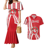 Belarus Couples Matching Mermaid Dress and Hawaiian Shirt with National Emblem and Traditional Pattern Red
