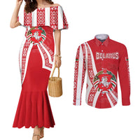 Belarus Couples Matching Mermaid Dress and Long Sleeve Button Shirt with National Emblem and Traditional Pattern Red