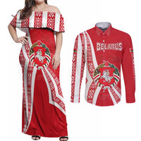 Belarus Couples Matching Off Shoulder Maxi Dress and Long Sleeve Button Shirt with National Emblem and Traditional Pattern Red