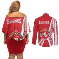 Belarus Couples Matching Off Shoulder Short Dress and Long Sleeve Button Shirt with National Emblem and Traditional Pattern Red