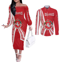 Belarus Couples Matching Off The Shoulder Long Sleeve Dress and Long Sleeve Button Shirt with National Emblem and Traditional Pattern Red