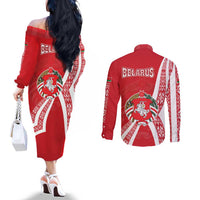 Belarus Couples Matching Off The Shoulder Long Sleeve Dress and Long Sleeve Button Shirt with National Emblem and Traditional Pattern Red