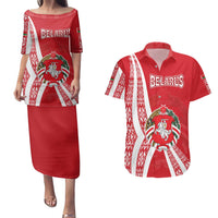 Belarus Couples Matching Puletasi and Hawaiian Shirt with National Emblem and Traditional Pattern Red